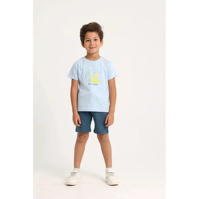 Baby Boys Cotton 2-Piece Outfit Set - Babyblue with Dino in Space