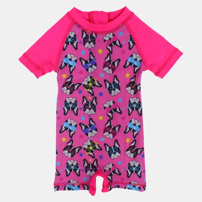 Baby Girls Swimsuit Overall, Polyester  Fuchsia with Dogs Design