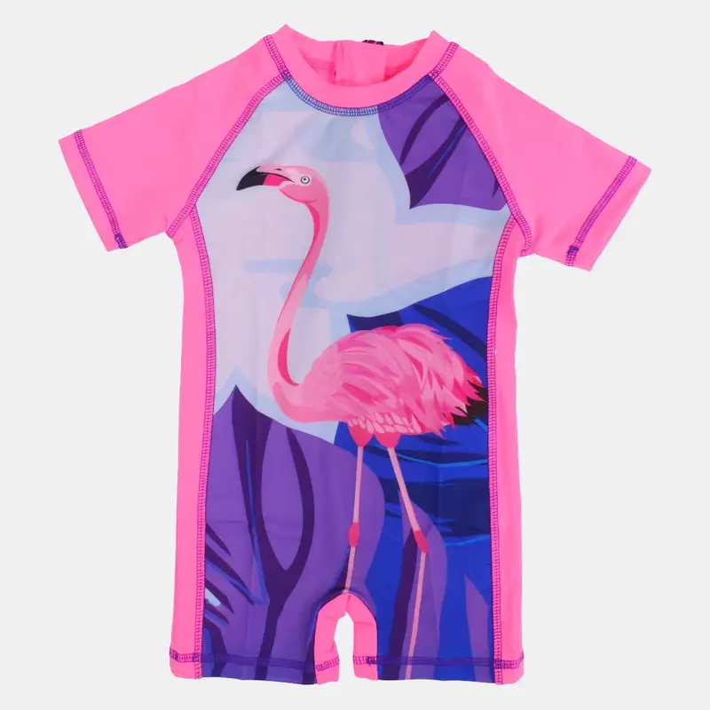 Girls Overall Swimsuit  Fuchsia with Swan Print