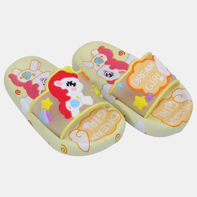 Girls Rubber Slides  Yellow with Unicorn Design