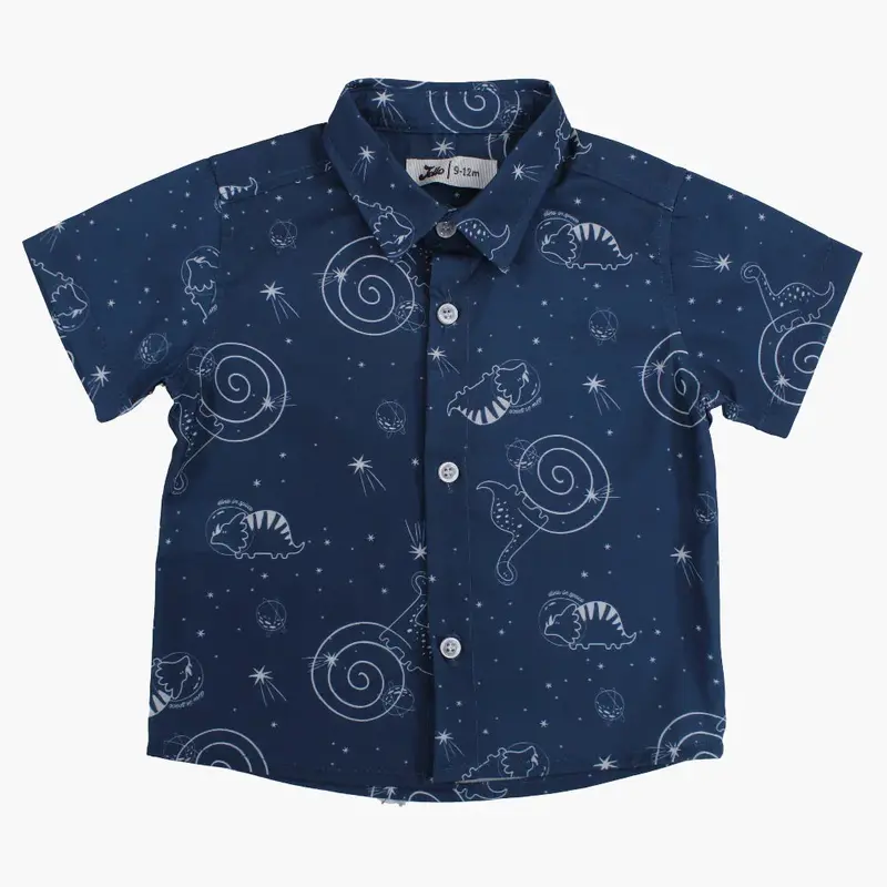 Baby Boys Cotton Shirt - Indigo with Dino in Space Print