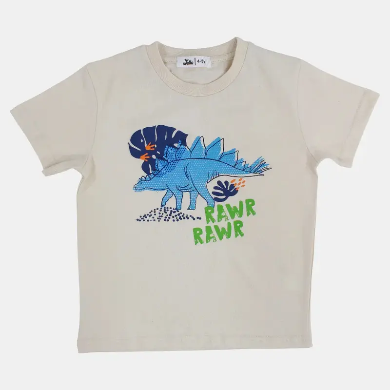 Boys Cotton T-Shirt  Beige with Dinosaur Print