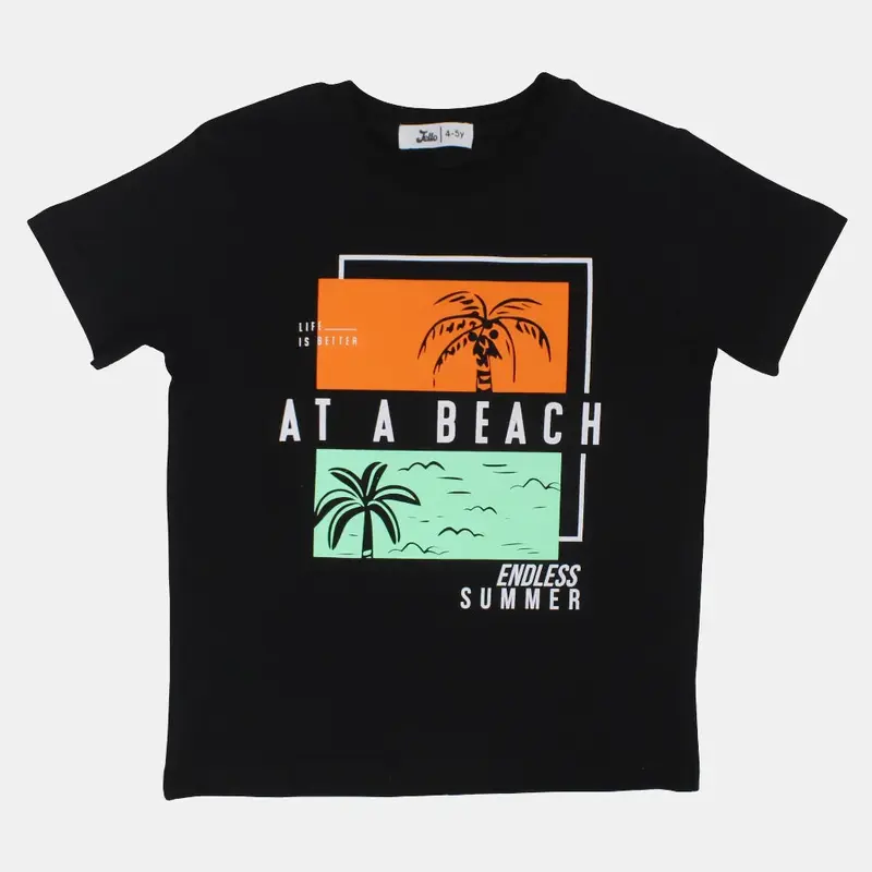 Boys Cotton T-Shirt  Black with "At a Beach" Design