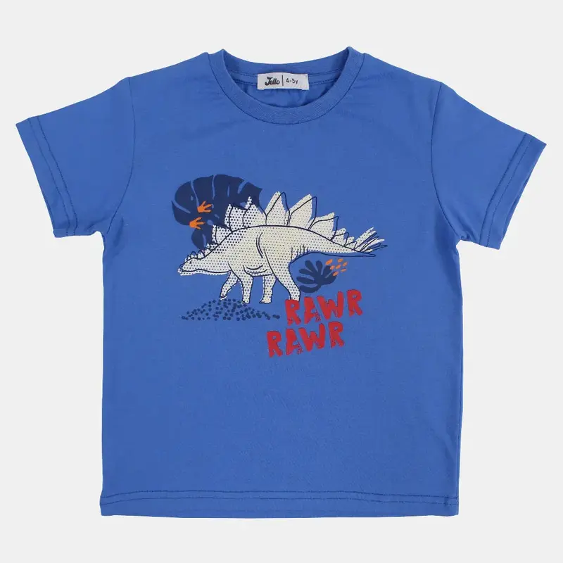 Boys Cotton T-Shirt  Blue with Dinosaur Design