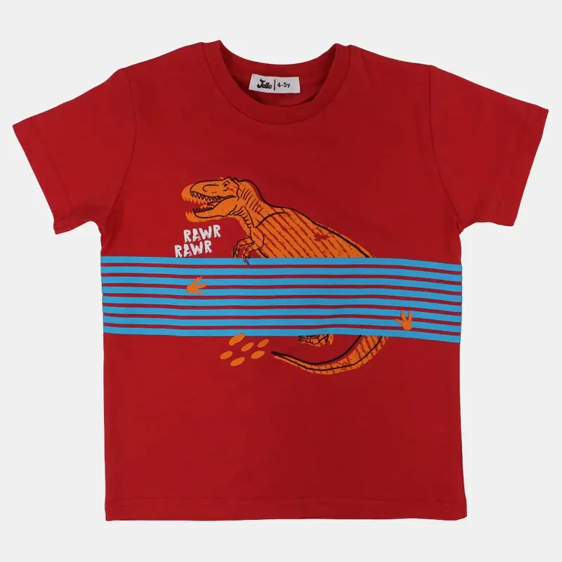 Boys Cotton T-Shirt  Red with Dinosaur Print