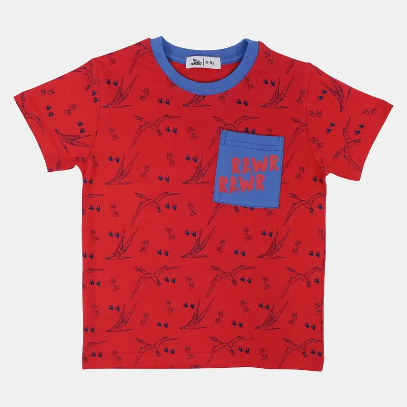 Boys Cotton T-Shirt - Red with Flying Dinos Print