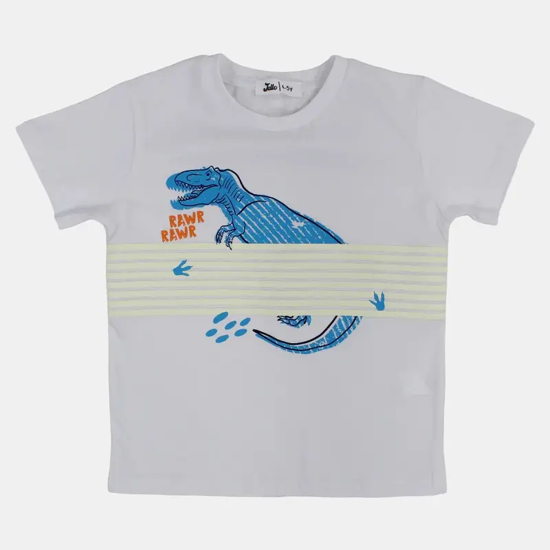 Boys Cotton T-Shirt  White with Dinosaur Print