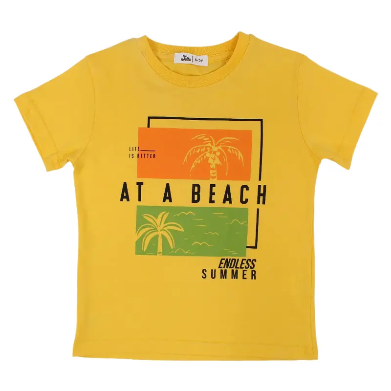 Boys Cotton T-Shirt  Yellow with "At a Beach" Design
