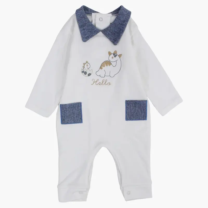 Cotton Footless Onesie  Off-White with Baby Dino Design
