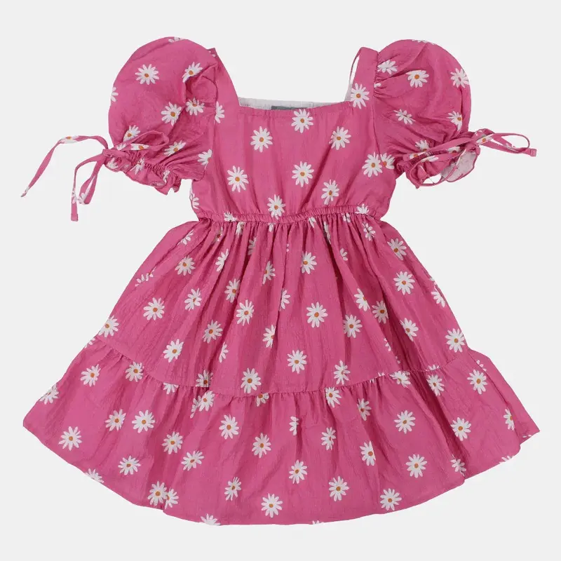 Girls Cotton Dress  Pink with Flowers Print