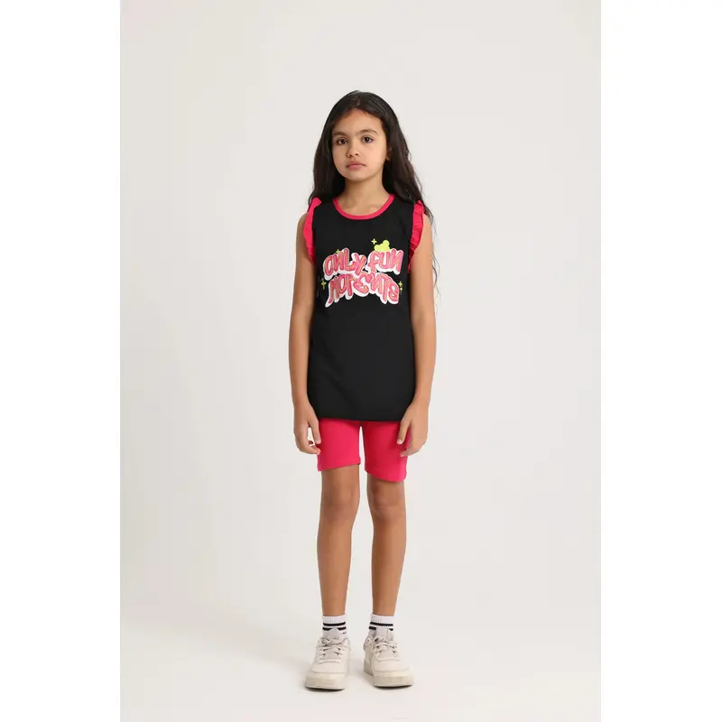 Girls Cotton Pajama Set  Black with "Only Fun Moments" Print