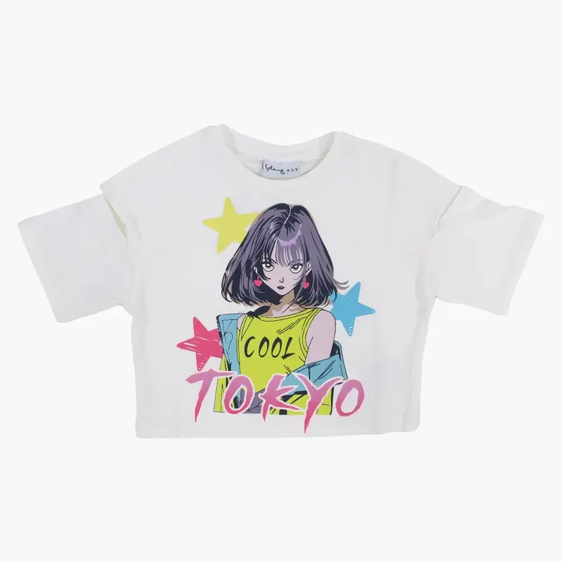 Girls Cotton T-Shirt - Off-White with Tokyo Print