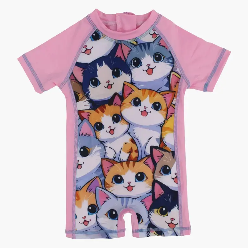 Girls Overall Swimsuit - Pink with Cute Kittens Print
