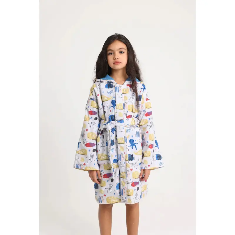 Unisex Swim Robe  Beige with Fish Print