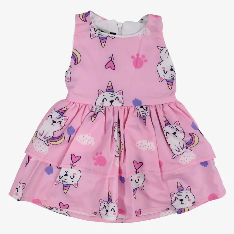 Baby Girls Cotton Dress  Pink with Unicorn Cat Print
