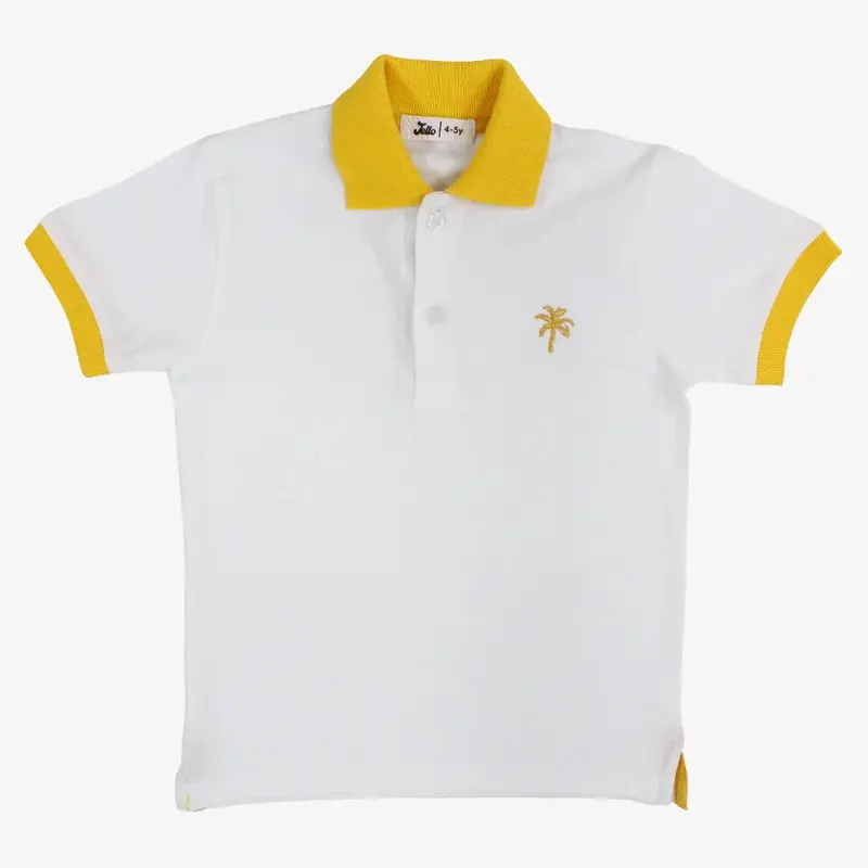 Boys Cotton Polo Shirt  White with Palm Design
