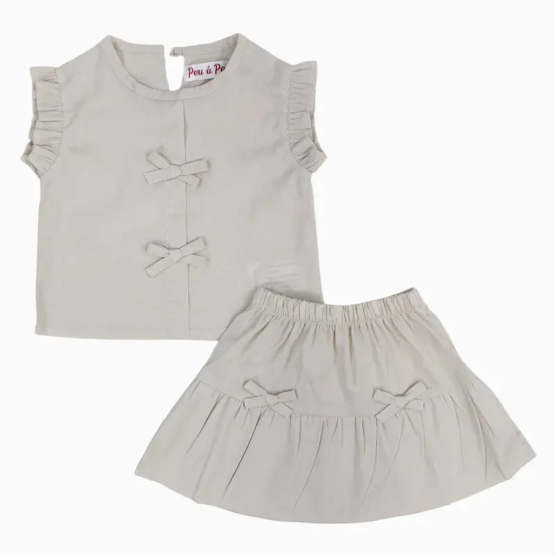 Girls Cotton 2-Piece Outfit Set  Beige with Little Bows