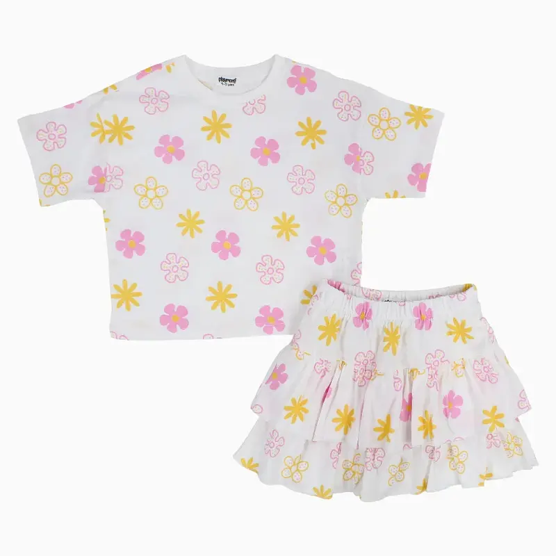 Girls Cotton Outfit Set  Offwhite Printed Flowers Short Sleeves