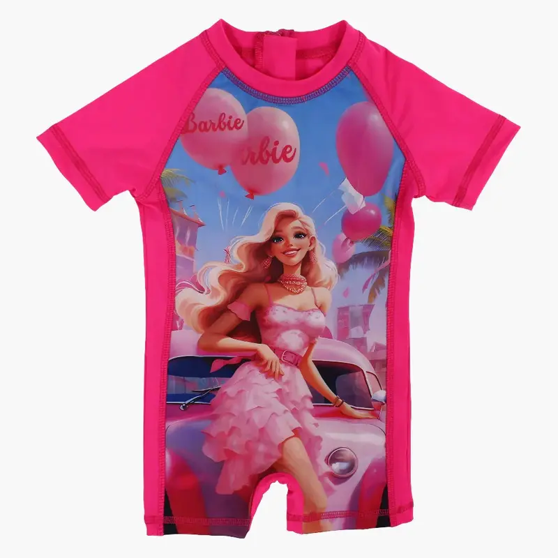Girls Overall Swimsuit  Fuchsia with Barbie Print