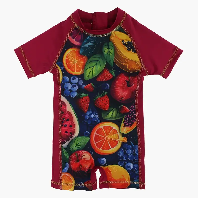 Girls Overall Swimsuit  Maroon with Fruit Print