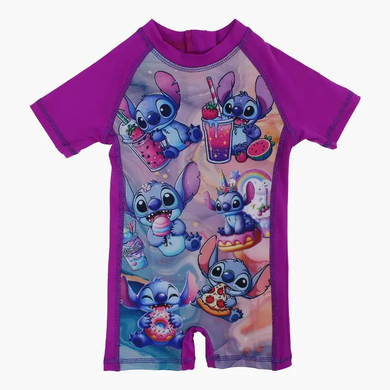 Girls Overall Swimsuit  Purple with Stitch Print