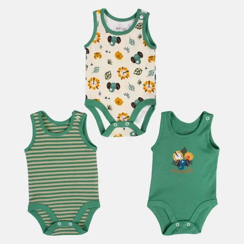 Pack of 3 - Baby Boys Cotton Underwear Bodysuit Greenish with Animal Prints