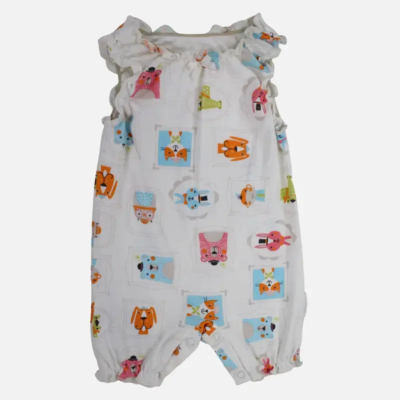 Unisex Baby Cotton Romper  Off-White with Animal Faces Print