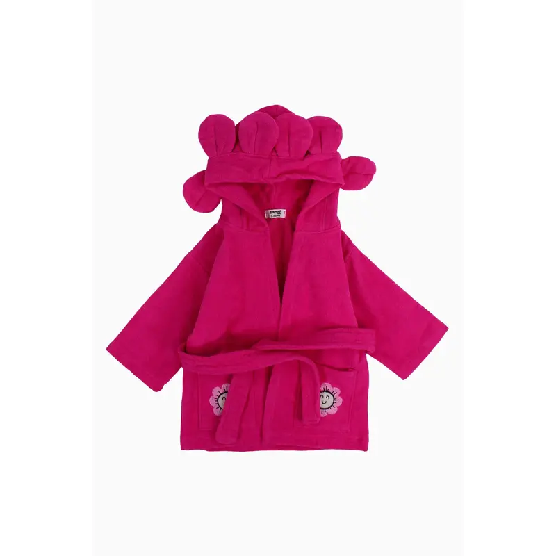 Baby Girls Plush Swim Robe  Fuchsia with Smiling Flowers Design