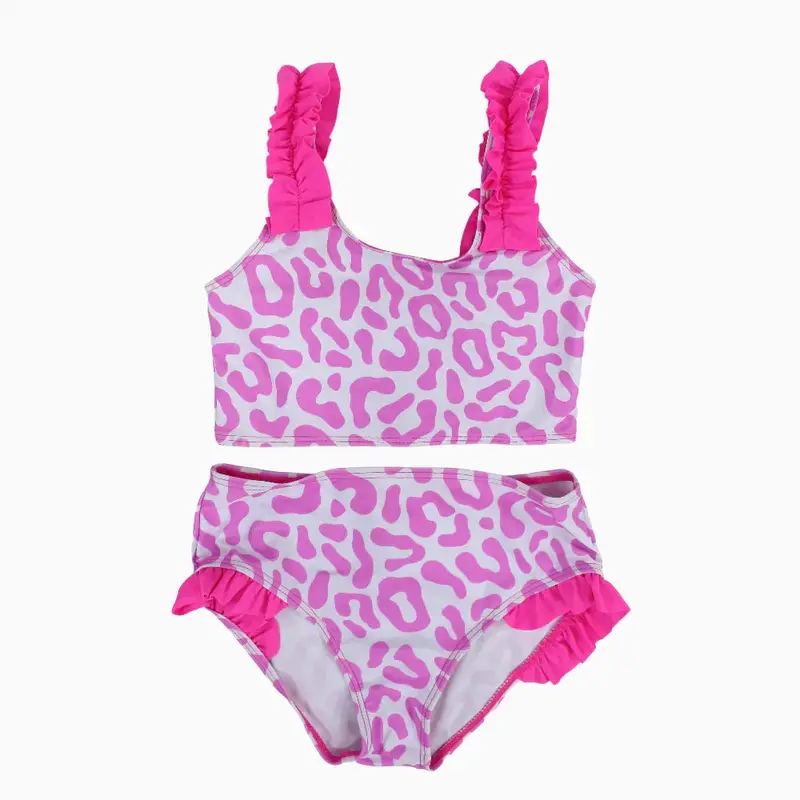 Girls 2-Piece Swimsuit  White & Pink Leopard Print