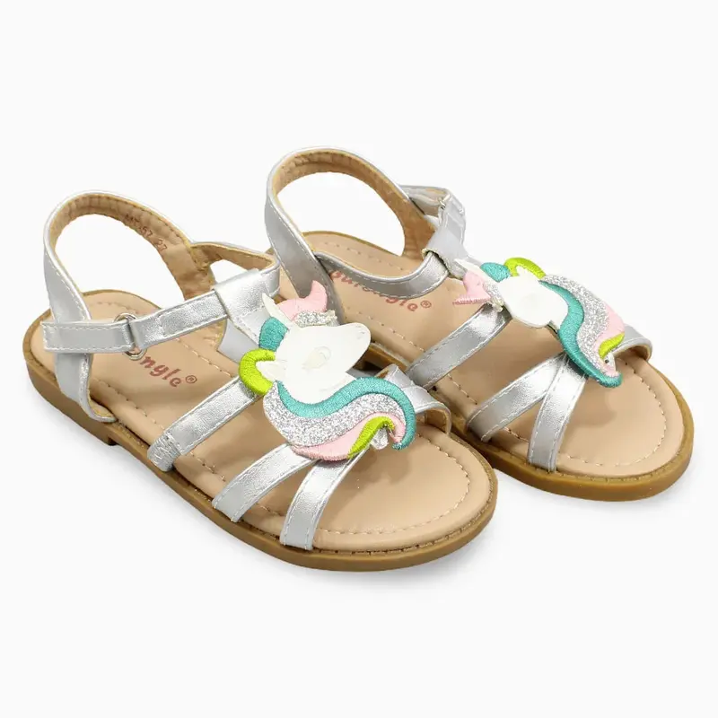 Girls Leather Sandals  Silver with Unicorn Detail