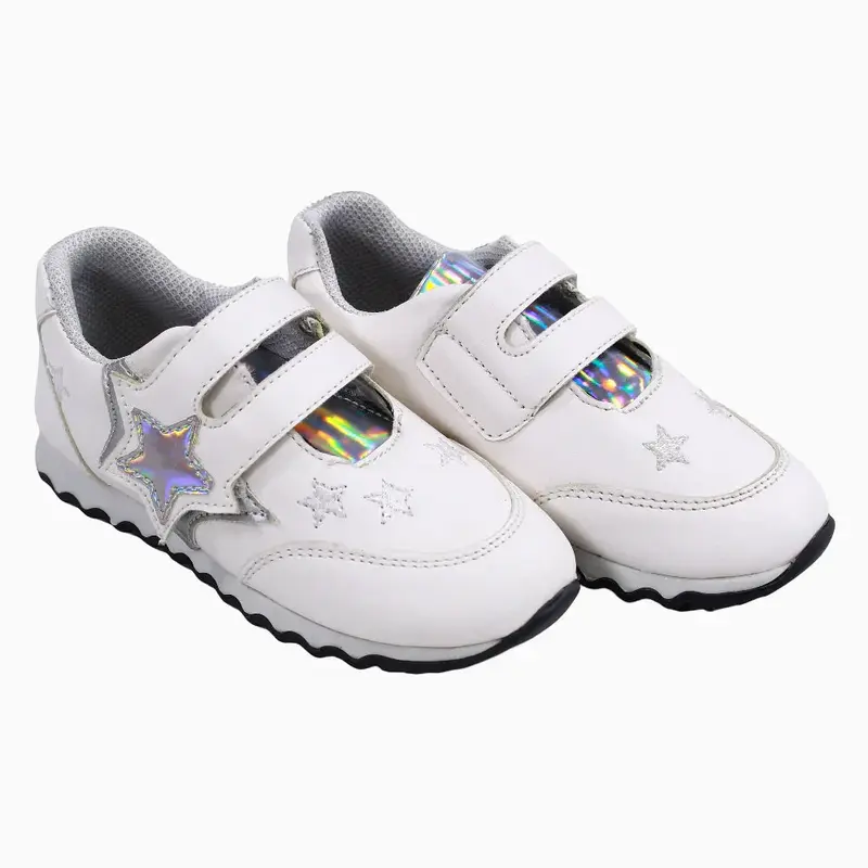 Girls Leather Sneakers  White & Silver Star
