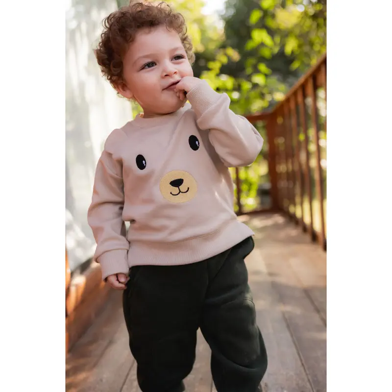Baby Boys Cotton 2-Piece Outfit Set  Beige/Olive with Teddy Bear Print
