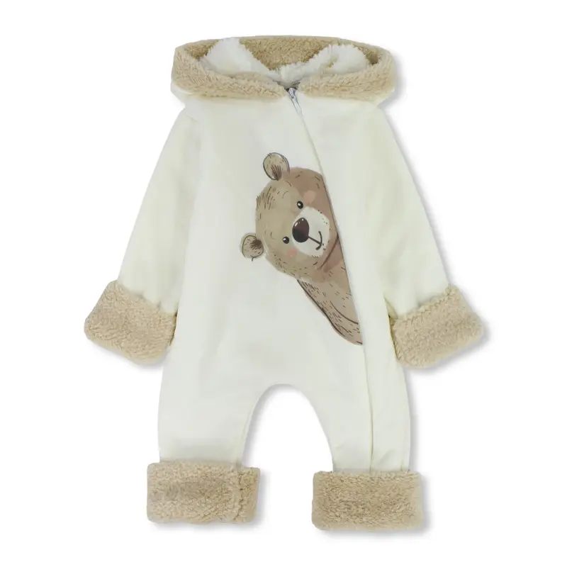 Baby Boys Fleeced Hooded Baby Footless Onesie - Off-White with Bear Print