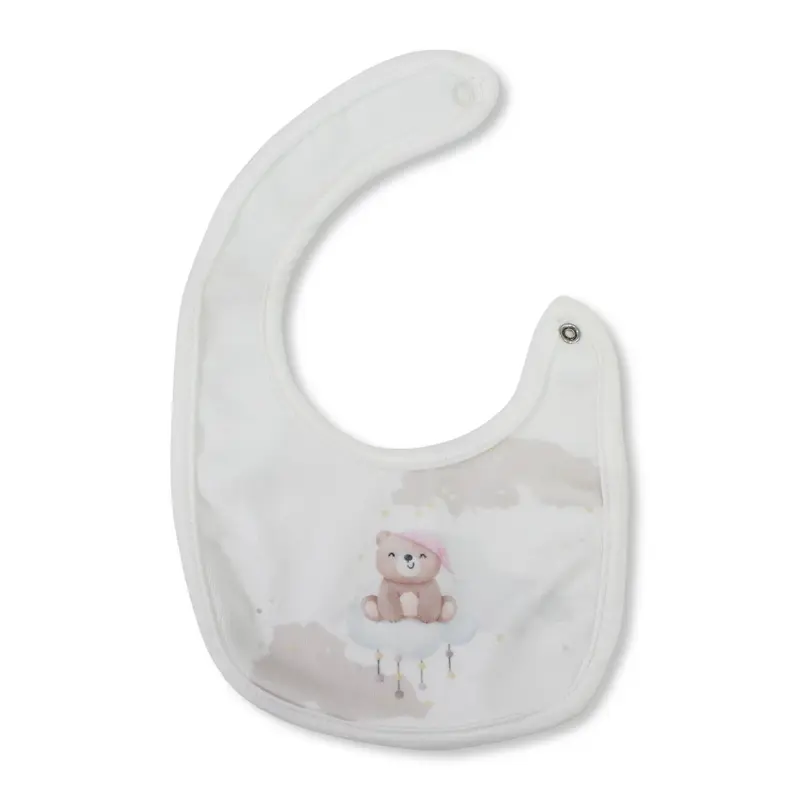 Baby Velvet Bib  Off-White with Cute Bear Print