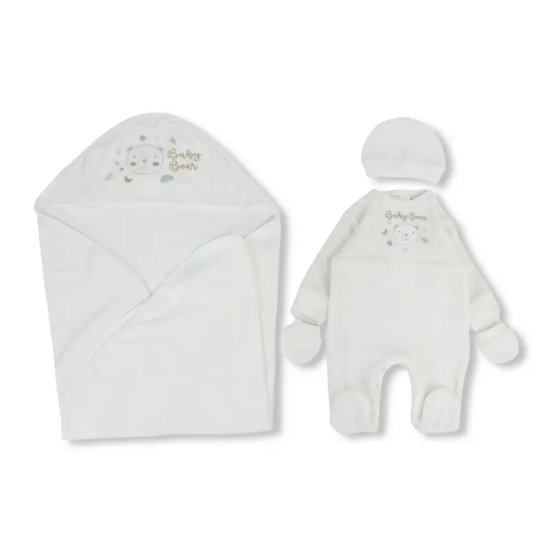 Unisex Velvet Baby Footie + Baby Blanket  Off-White with Baby Bear Design