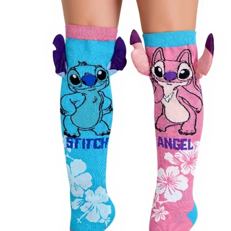 3D Girls Socks  Pink & Aqua with Stitch Design
