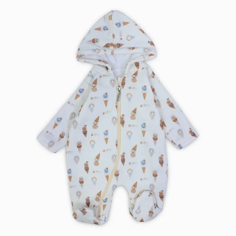 Baby Boys Cotton Hooded Baby Footie  Off-White with Happy Ice Cream Print