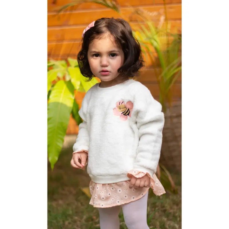 Baby Girls Fleeced Sweatdress  White with Ruffles and a Fluffy Bee Embroidery