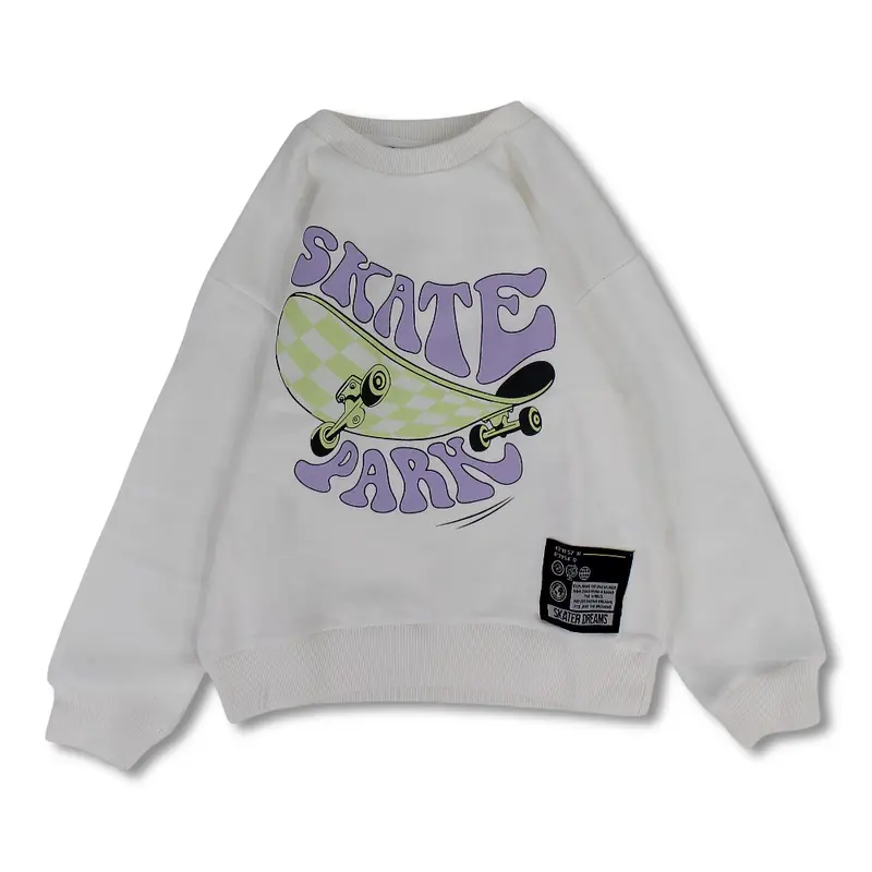 Boys Cotton Sweatshirt - Off-white with Skateboard Print
