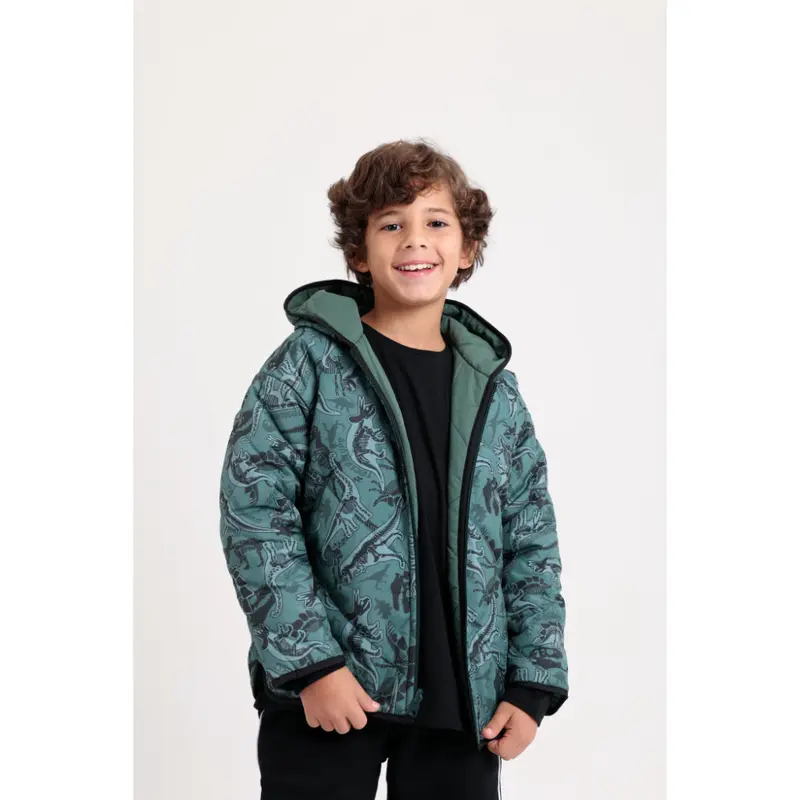 Boys Waterproof Double Face Jacket  Dark Green with Dino Print