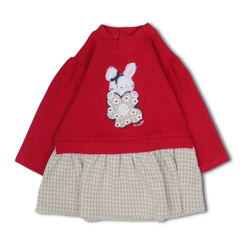 Girls Cotton Dress  Red with Bunny Design