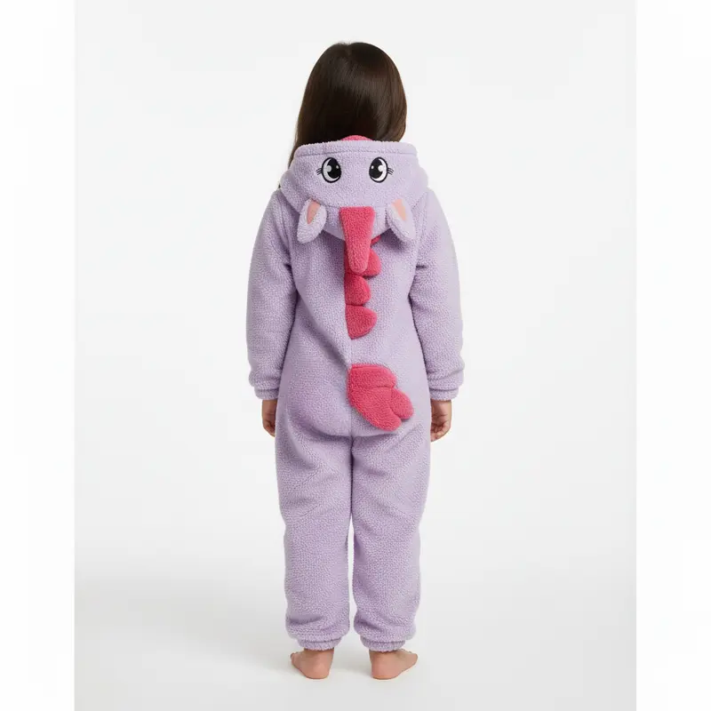 Girls Fleeced Hooded Footless Onesie  Purple with Unicorn Design