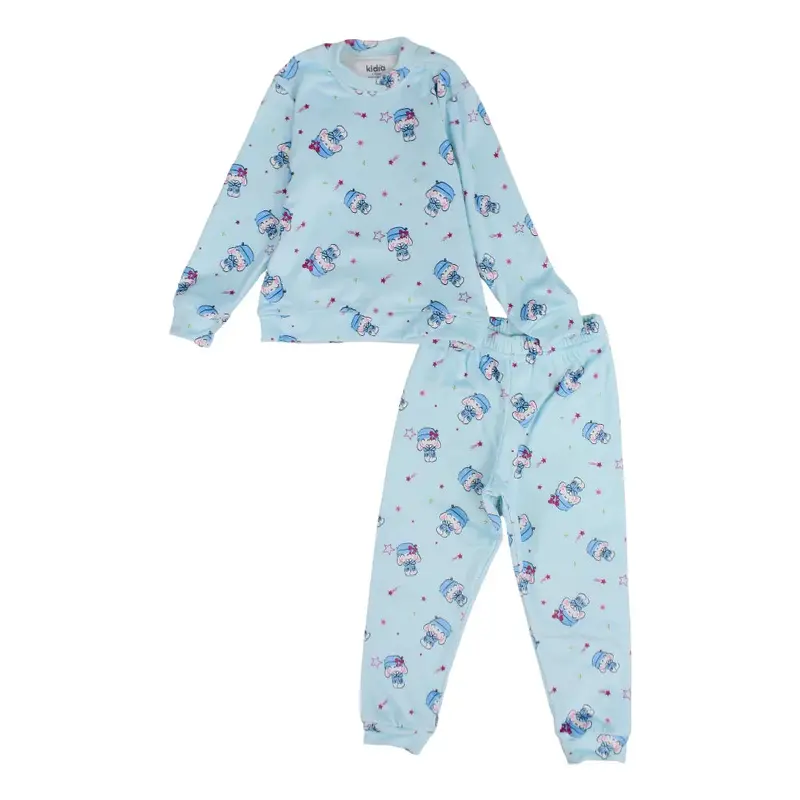 Girls Velvet Thermal Set - Aqua with Cute Bunny Print