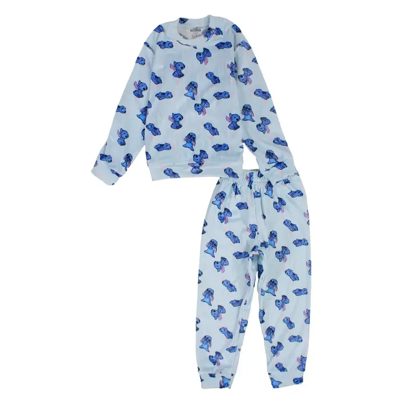 Girls Velvet Thermal Set - Aqua with Stitch Print