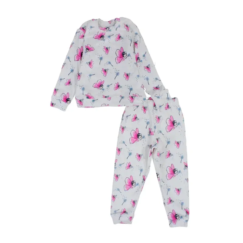 Girls Velvet Thermal Set  White with Pink Butterflies Print