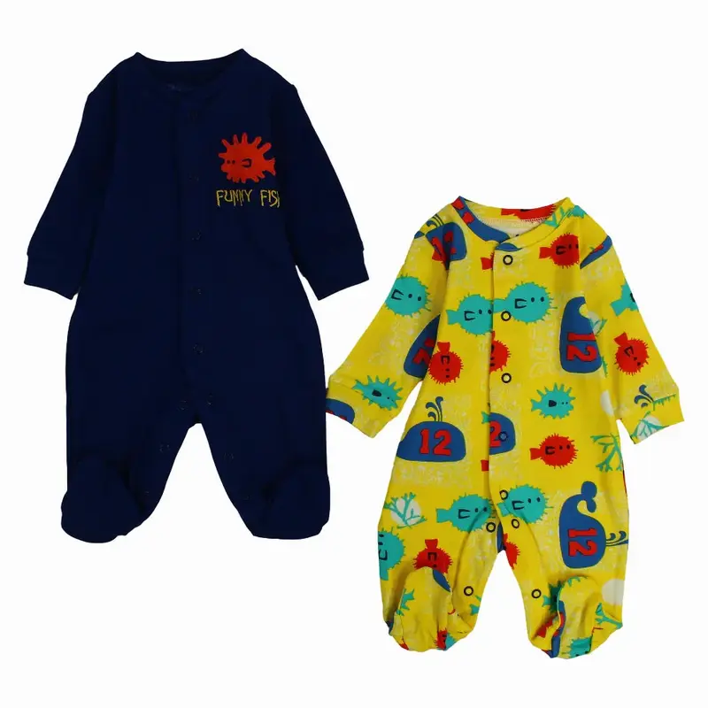 Pack of 2 - Baby Boys Cotton Baby Footie Navy & Yellow