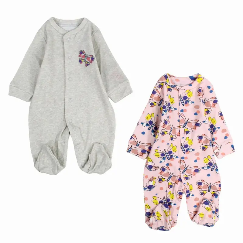 Pack of 2 - Baby Girls Cotton Baby Footie Grey & Pink with Butterfly Print