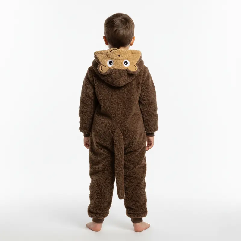 Unisex Fleeced Hooded Footless Onesie  Brown with Monkey Design