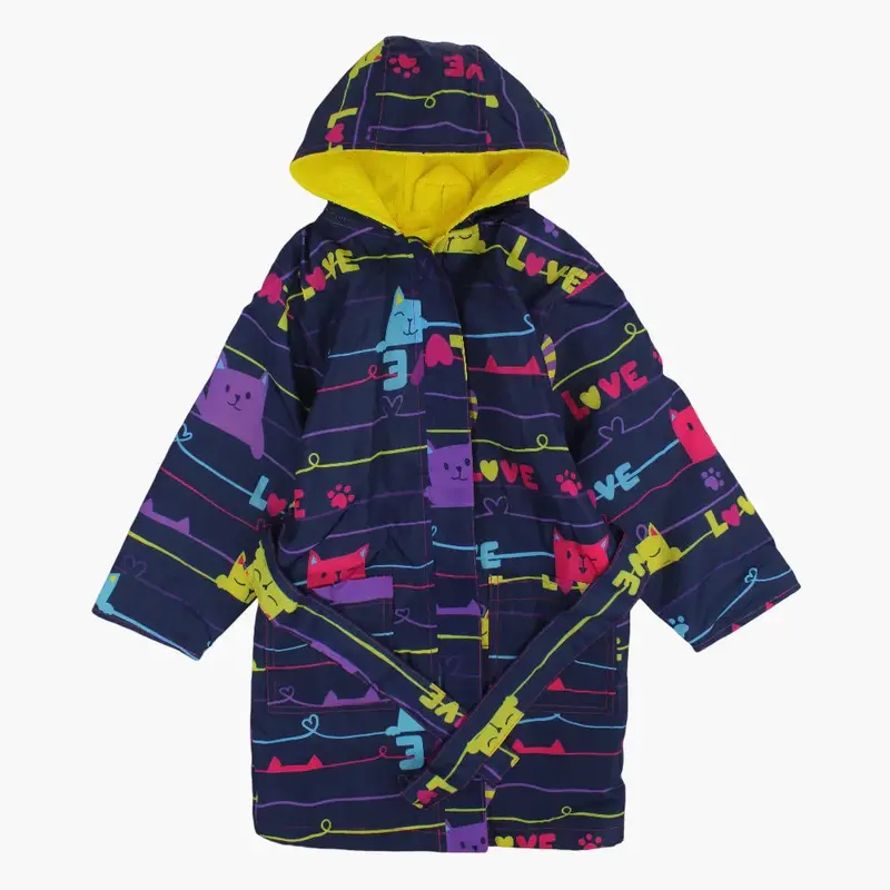 Girls Swim Robe  Navy with Lovely Cats Print