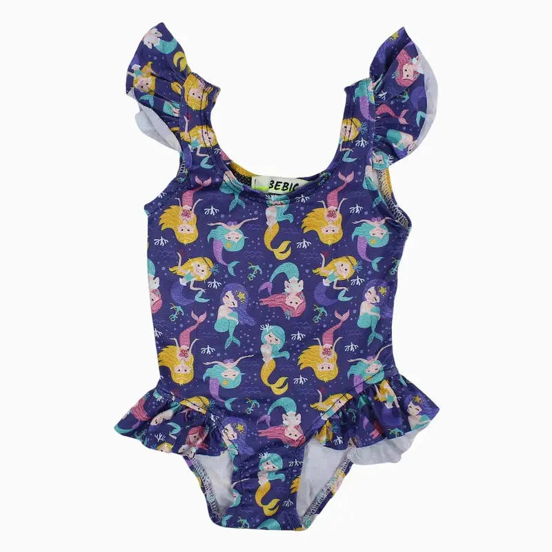 Baby Girls Swimsuit - Purple with Mermaids Print